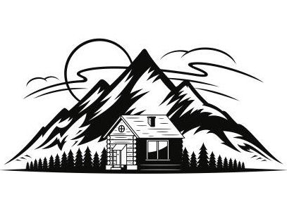 Colorado Mountain Property and Homes for Sale - A monochrome illustration of a cabin nestled at the base of a majestic mountain range, with stylized clouds curling around the mountain peaks.